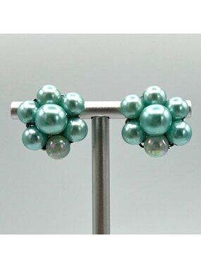 Vintage Japan Aqua Blue Faux Pearl Cluster Clip On Earrings Mid Century